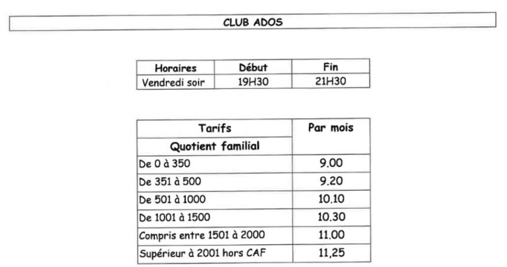 tarif 2023 Club Ados