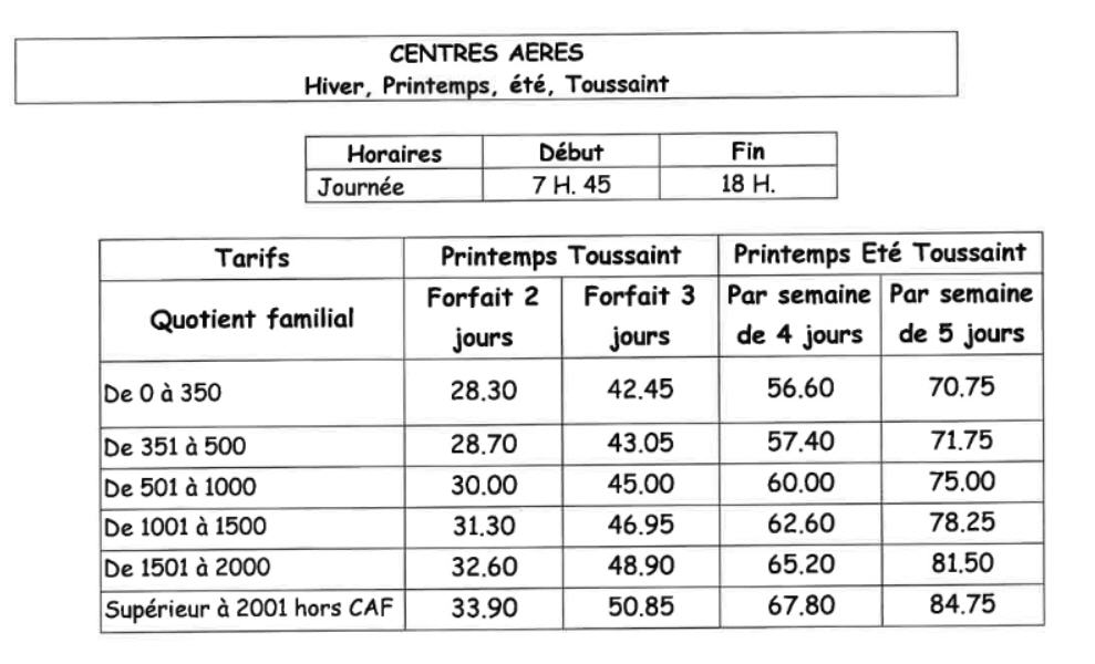 Tarifs 2023 Centre Aéré