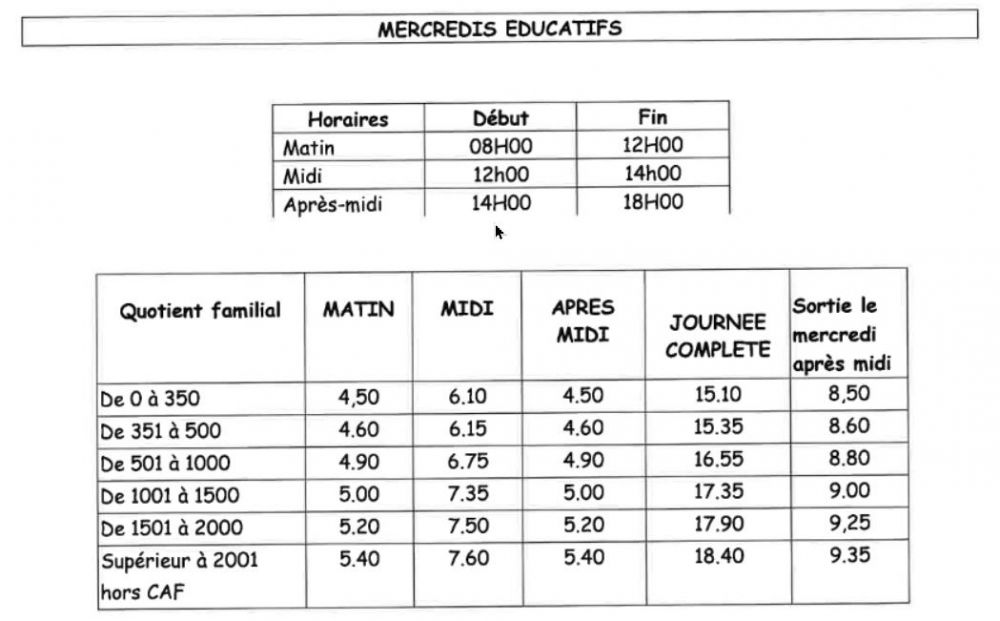 tarifs mercredi 2023